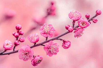 Gentle spring rain cascades onto budding flowers, with droplets clinging to petals, creating a refreshing and vibrant atmosphere