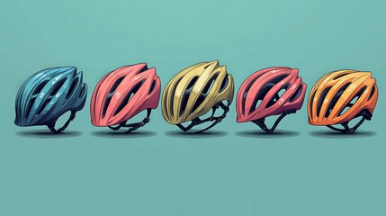 Poster - Playful Retro Illustration of Colorful Bike Helmets in Minimalistic Graphic Poster Style