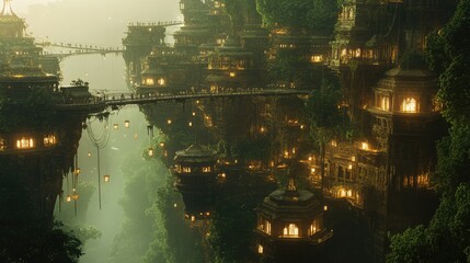 Wall Mural - A labyrinthine city of floating islands, connected by suspended bridges and lit by glowing lanterns.