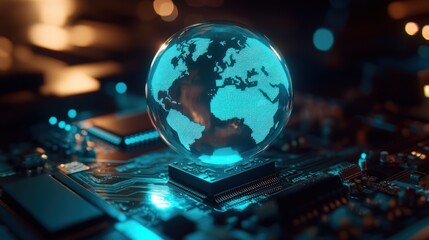 Poster - A glowing globe on a circuit board, symbolizing technology and global connectivity.