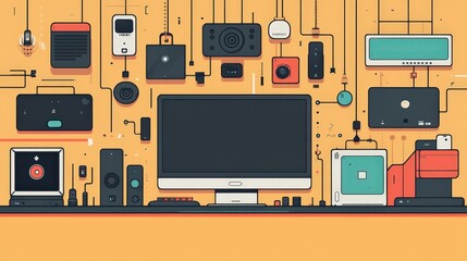 Poster - Sleek Retro Smart Home Devices Illustration in Minimalistic Graphic Style