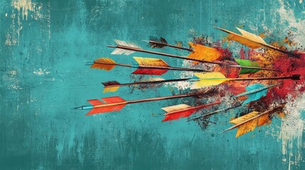 Poster - A mix of sharp arrows and colorful grunge strokes on a teal textured background, creating a bold, artistic composition.