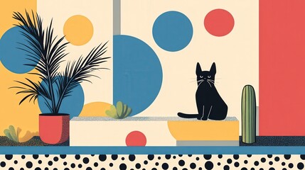 Wall Mural - Pet Supplies Graphic Poster: Retro Minimalistic Design with Playful Color Palette and Line Art Outlines