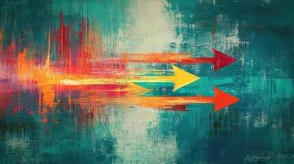 Poster - Dynamic abstract arrows with bold, colorful brush strokes over a textured teal backdrop, blending urban grunge with vibrant energy.