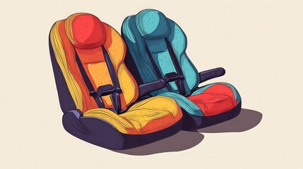 Wall Mural - Playful Minimalism: Retro Illustration of Child Car Seats in Graphic Poster Style with Fun Colors