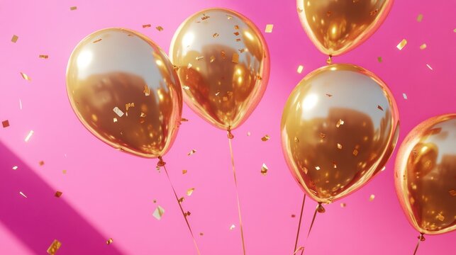 Floating gold balloons over a bold pink background, surrounded by abstract shapes, setting a fun and glamorous party vibe.
