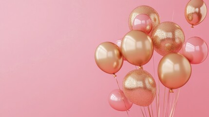 Poster - Gold balloons and abstract shapes creating a chic and festive atmosphere on a soft pink backdrop, perfect for celebrations.