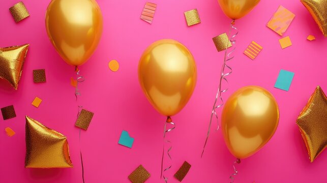 Gold balloons floating against a vibrant pink background, surrounded by playful abstract shapes, perfect for a stylish celebration party decoration.