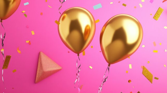 Gold balloons floating against a vibrant pink background, surrounded by playful abstract shapes, perfect for a stylish celebration party decoration.