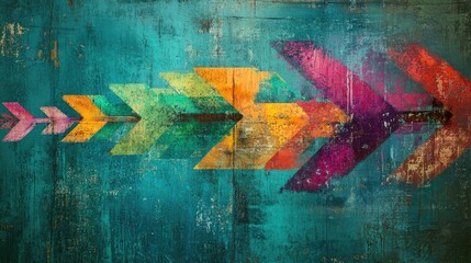 Poster - Grunge-style arrows painted in vivid colors against a weathered teal background, creating a modern and edgy artistic vibe.