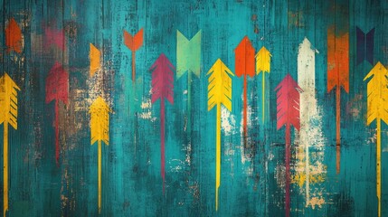 Poster - Grunge-style arrows painted in vivid colors against a weathered teal background, creating a modern and edgy artistic vibe.