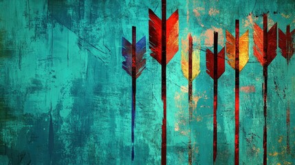 Poster - Grunge-style arrows with bold, colorful brushstrokes on a textured teal background, perfect for creative, edgy designs.