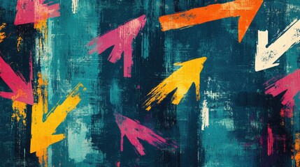 Poster - Grunge-style arrows with bold, colorful brushstrokes on a textured teal background, perfect for creative, edgy designs.