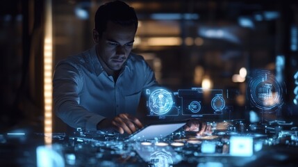 Poster - A person interacting with holographic technology in a futuristic setting.