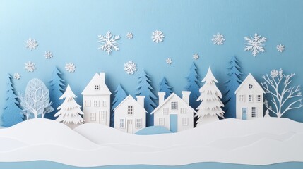 Papercut winter village with delicate houses, snow, and trees, combined with bold abstract shapes for a modern holiday scene.