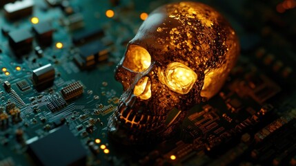 Poster - A glowing skull on a circuit board, blending technology with a macabre aesthetic.