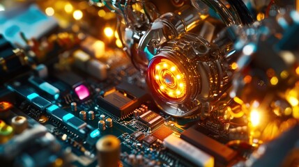 Poster - Close-up of a circuit board with glowing components, showcasing intricate technology.