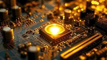 Poster - A close-up view of a glowing circuit board showcasing electronic components.