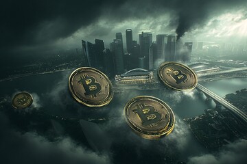 The city skyline merges with cryptocurrency symbols, showcasing the impact of digital currencies on the global financial landscape. Cryptocurrency