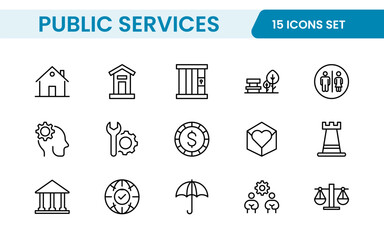 Set of outline Public Services icons. Minimalist thin linear web icon set. Line icons related to public utilities. Gas, electricity, water, heating.