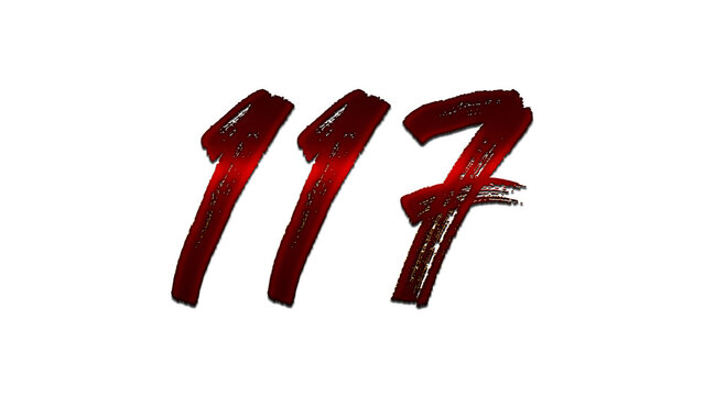 3D blood red number design of 117 on white background.