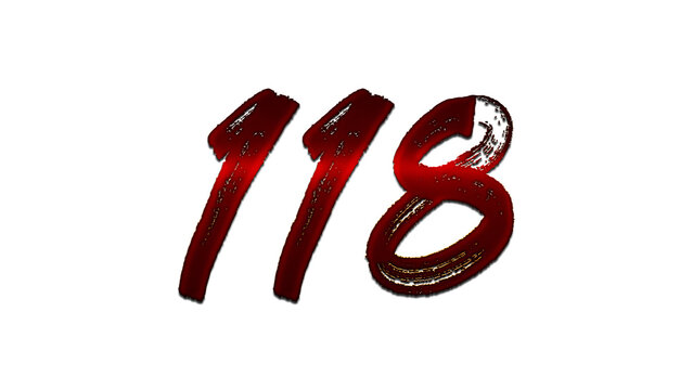 3D blood red number design of 118 on white background.