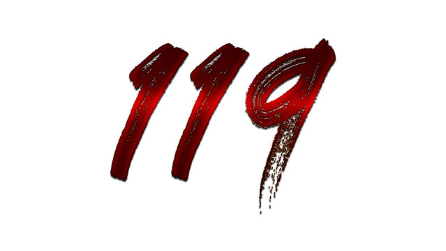 3D blood red number design of 119 on white background.