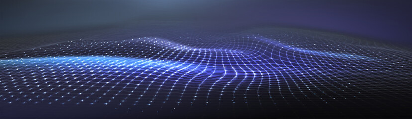 Poster - abstract neon glow blue and purple wireframe 3d wave or mountain map for new retro wave background. 