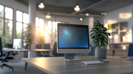 Poster - Modern office workspace with a computer and plant, emphasizing productivity and design.