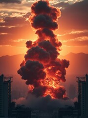 A massive explosion in the city with towering columns of smoke and fire against a sunset backdrop the concept of wars and destruction Smoke Explosion Backdrop