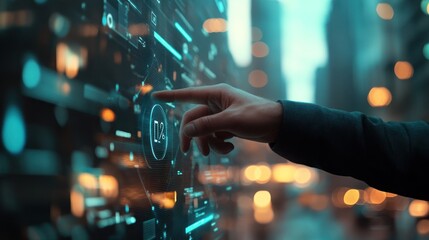 Poster - A hand interacting with a futuristic digital interface in an urban setting.