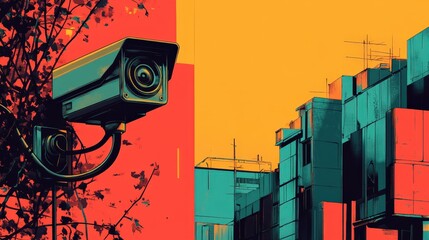 Wall Mural - Retro Minimalistic Security Camera Illustration in Graphic Poster Style