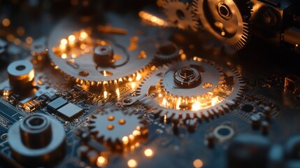 Poster - Close-up of intricate gears and circuits illuminated by soft light, showcasing technology.