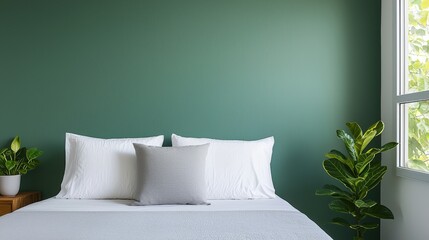 Poster - Minimalist Green Bedroom Interior Design with Bed  Plants  and Window