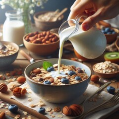 Healthy Breakfast Scene with Hand Pouring Milk on Muesli, Emphasizing Organic Nutrition and Vegan