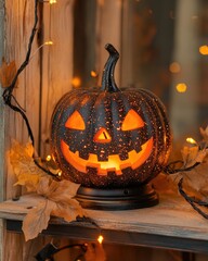 Wall Mural - halloween pumpkin and candle holder illuminated by orange light