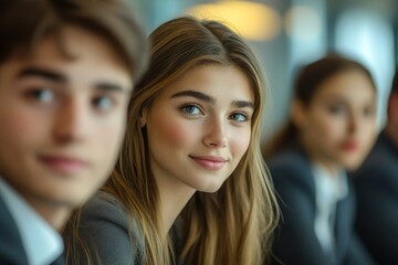 Active conversation. Young business people in formal clothes working in the office, Generative AI