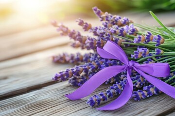 Wall Mural - A close-up of freshly picked lavender flowers, tied with a ribbon and placed on a vintage wooden table with soft natural light.