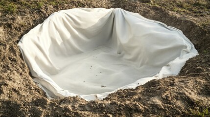 A canvas of white geotextile covers a dug hole in the ground