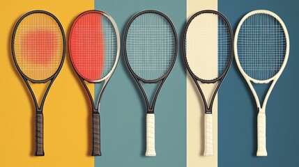 Wall Mural - Modern Graphic Poster with Retro Illustration Style Featuring Tennis Rackets on Colorful Base Background