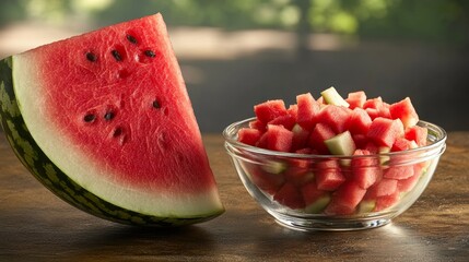 A view of a large slice of watermelon next to a glass bowl filled with chopped melon chunks