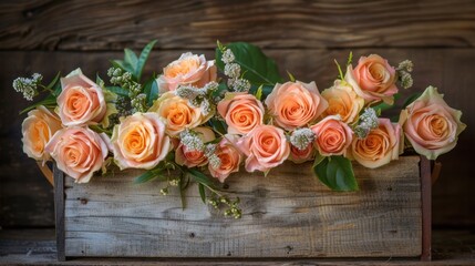 Poster - Elegant Arrangement of Peach Roses in Rustic Box