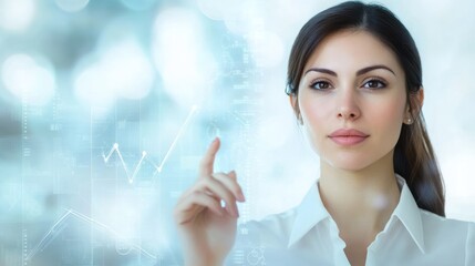 Poster - A professional woman gestures towards digital graphs, symbolizing data analysis and growth.