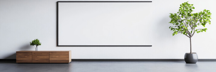 Sticker - Minimalist living room with a large blank canvas and wood cabinet.