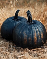 Poster - Unique black pumpkins resting on dry grass