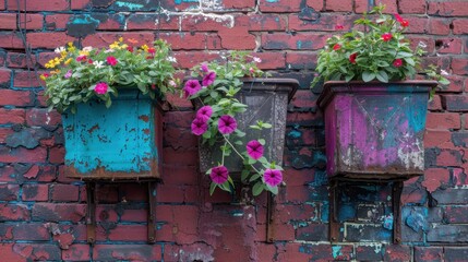 Sticker - Colorful Flower Pots on a Rustic Brick Wall