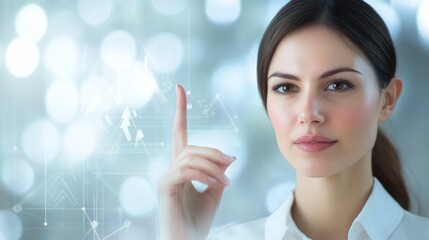 Poster - A woman gestures with her finger, suggesting innovation and technology in a bright environment.
