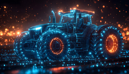 A futuristic tractor made of blue digital lines glowing in the dark, symbolizing the integration of technology and agriculture. This digital artwork highlights innovation in modern farming, with the t