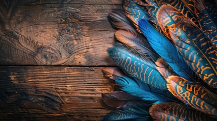 Sticker - Vibrant Feathers on Rustic Wood Background