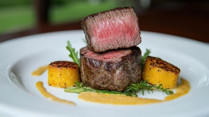 Gourmet Wagyu Beef Steak Dinner with Polenta and Sauce